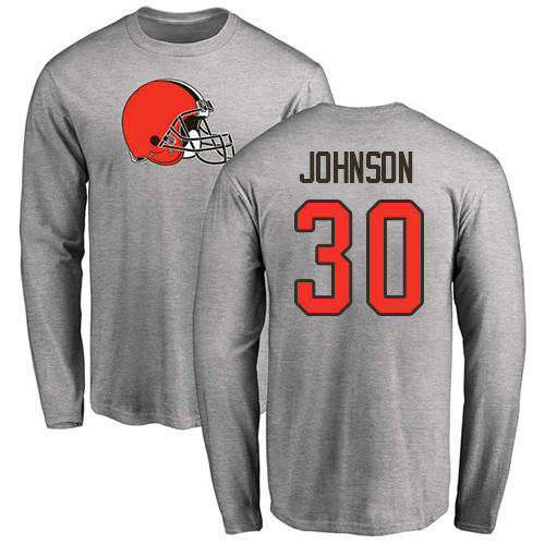 Men Cleveland Browns D Ernest Johnson Ash Jersey #30 NFL Football Name and Number Logo Long Sleeve T Shirt